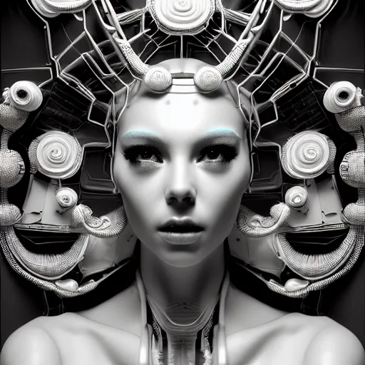 Image similar to closeup portrait of an absurdly beautiful, graceful, sophisticated, fashionable cyberpunk mechanoid gravure idol, ultrafine hyperdetailed illustration by irakli nadar, matt wisniewski style, marvel comics, intricate linework, porcelain skin, neon jellyfish headdress, ivory carved ruff, unreal engine 5 highly rendered, global illumination, radiant light, detailed and intricate environment