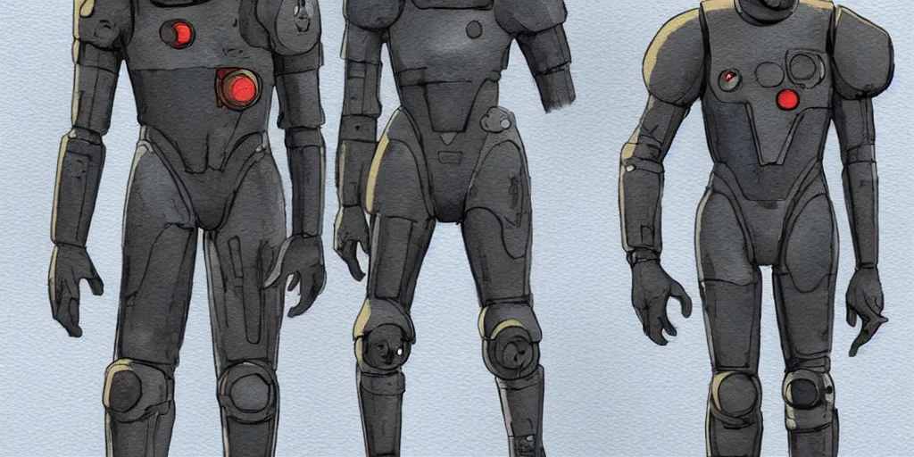 Image similar to male, full body, wide shot, modern space suit, intriguing helmet, stylized character design, the expanse tv series, large shoulders, short torso, long thin legs, tiny feet, science fiction, hyperdetailed, technical suit, dieselpunk, watercolor digital painting, in the style of mike mignola, in the style of bruce timm, by alex maleev