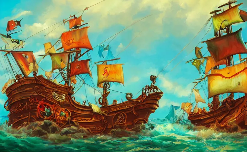 Image similar to pirate ship, storybook, colorful, lush, artstation, print