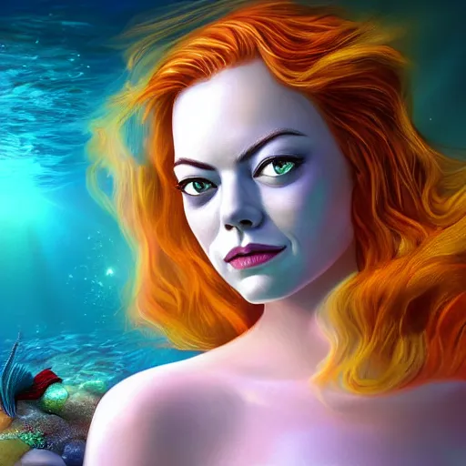 Image similar to emma stone portrait, fantasy, mermaid, hyperrealistic, game character, underwater, highly detailed, sharp focus, cinematic lighting, pearls, glowing hair, shells, gills, crown, water, highlights, starfish, jewelry, realistic, digital art, pastel, magic, fiction, ocean, king, colorful hair, sparkly eyes, fish, heroic, god, waves, bubbles