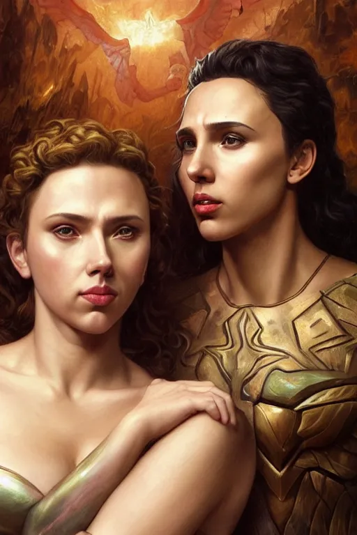 Image similar to A fantasy comic book style Oil Painting portrait of hybrid Scarlett Johansson and Gal Gadot, as Atlantean Reptilian Warriors, Mystical Valkyrie, unreal 5, DAZ, hyperrealistic, octane render, Regal, Refined, Detailed Digital Art, RPG portrait, William-Adolphe Bouguereau, Michael Cheval, Walt Disney (1937), François Boucher, Steampunk, Josephine wall, dynamic lighting, Highly Detailed, Cinematic Lighting, Unreal Engine, 8k, HD