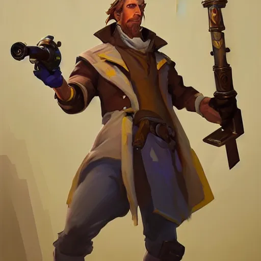 Image similar to Greg Manchess portrait painting o Guybrush Threpwood as Overwatch character, medium shot, asymmetrical, profile picture, Organic Painting, sunny day, Matte Painting, bold shapes, hard edges, street art, trending on artstation, by Huang Guangjian and Gil Elvgren and Sachin Teng