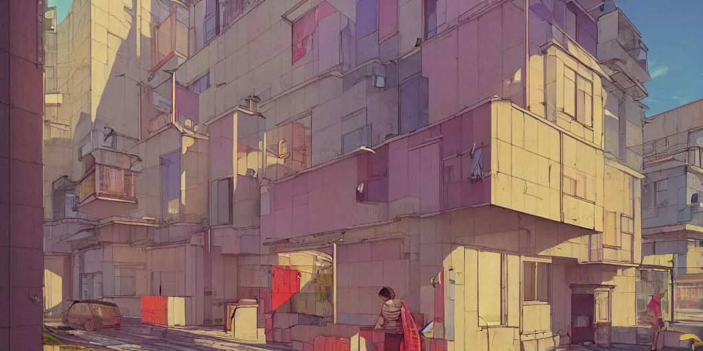 Image similar to neo brutralism, concrete housing, concept art, colorful, vivid colors, light, shadows, reflections, 3D, in the style of Akihiko Yoshida and Edward Hopper