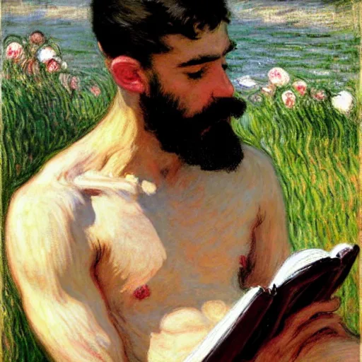 Image similar to attractive man with dark skin reading a book, painting by tom of finland, john william waterhouse, claude monet