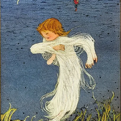 Prompt: flying little boy, singing on calm water, high details, by ida rentoul outhwaite