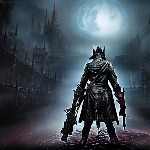 Image similar to Bloodborne Hunter wizard communing with a Great Old One. Dark. Detailed. Eerie.