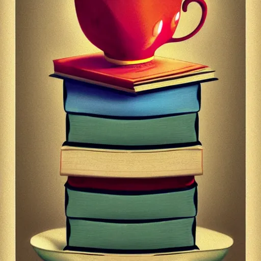 Prompt: Poster of a Teacup on a stack of books, digital art, award winning, trending on artstation