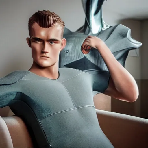 Image similar to a realistic detailed photo of a guy who is an attractive humanoid who is half robot and half humanoid, who is a male android, soccer player matthijs de ligt, shiny skin, posing like a statue, blank stare, in a living room, on display, showing off his muscles, with a twin