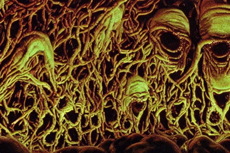 Image similar to scary filmic wide shot angle movie still 35mm film color photograph of a shape shifting horrific nightmarish abstract alien organism from The Thing 1982 with grotesque distorted multiple human faces spewing toxic liquid from an alien plant made out of flesh, in the style of a horror film