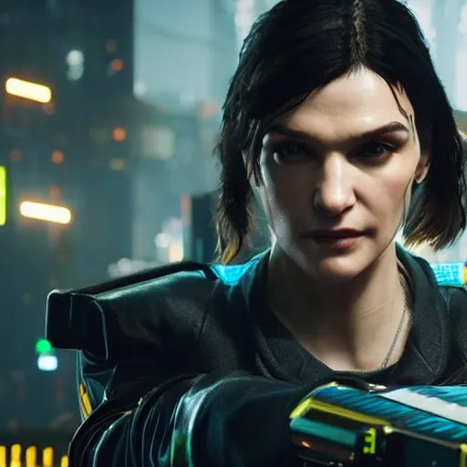 Image similar to a younger rachel weisz in cyberpunk 2 0 7 7, unreal engine 5 4 k, hyperdetailed photorealism