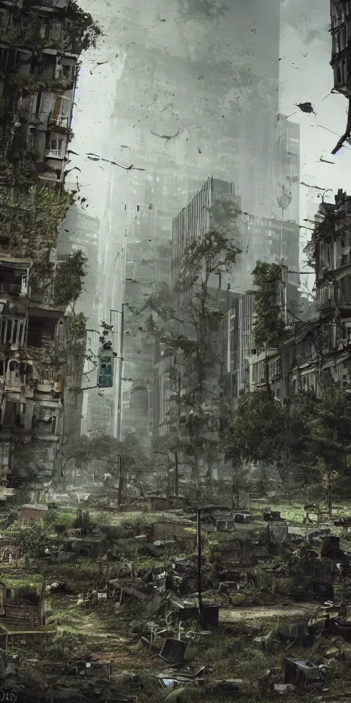 Image similar to an abandoned overgrown city, small amount of zombies lurking around, windows broken, big solo traveller walking in the middle, highly detailed, realistic, asymmetrical, octane render, cinematic, sharp focus