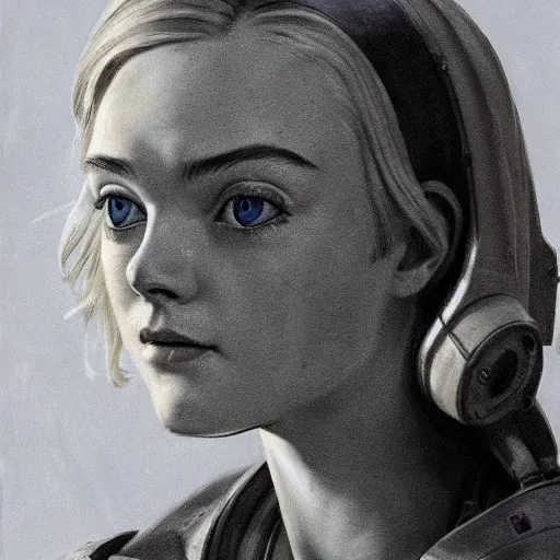 Image similar to ultra realistic head and shoulders portrait painting of elle fanning in fallout 3, art by frank frazetta, 4 k, ultra realistic, highly detailed, epic lighting