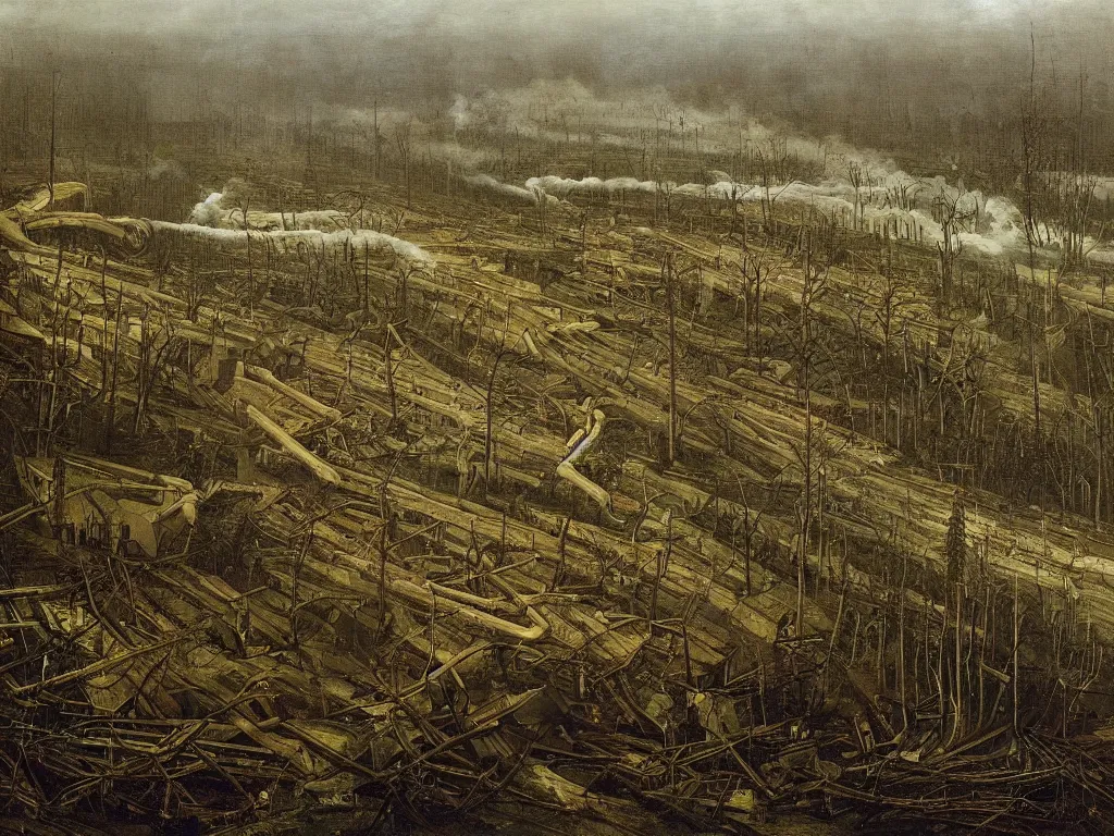 Prompt: Industrial machinery, toxic gasses, oil, fumes, factories are ravaging the land, forest, meadow, river. Painting by Caspar David Friedrich, Edward Burtynsky