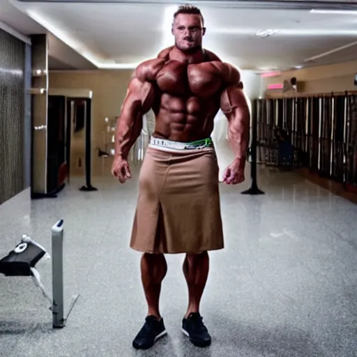 Image similar to still of chris bumstead in a skirt