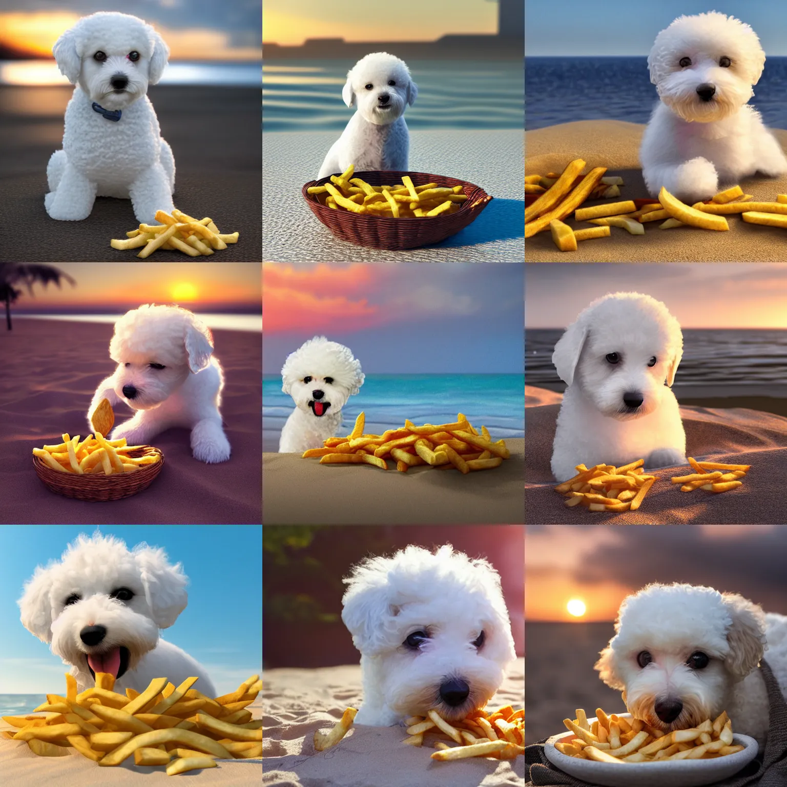 Image similar to a photorealistic photograph of a smiling knitted white bichon puppy eating basket of french fries during sunset at the beach Trending on artstation, featured on Behance, well-rendered, Unreal Engine, 4K HD