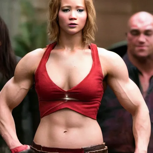 Image similar to first photos of 2 0 2 4 female conan remake - muscular jennifer lawrence as conan, put on 1 0 0 pounds of muscle, looks different, steroids, hgh, ( eos 5 ds r, iso 1 0 0, f / 8, 1 / 1 2 5, 8 4 mm, postprocessed, crisp face, facial features )