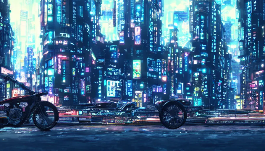 Image similar to A beautiful picture of an establishing shot of akira\'s bike on a cyberpunk neo tokyo cityscape by Sergey Vasnev and square pictures , trending on artstation