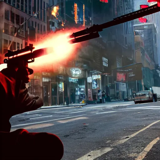 Image similar to a mafia gangster firing ar - 1 5, muzzle flash visible at the end of the barrel, highly detailed, photograph, firepower united, in new york street, cyberpunk