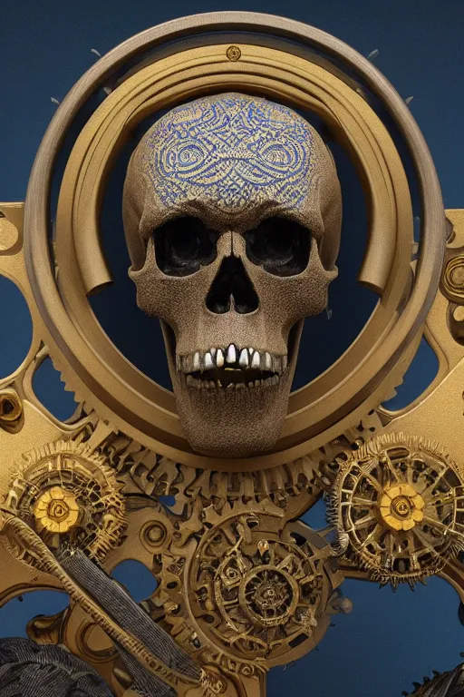 Image similar to hyperrealistic 3 d render ultra detailed of a skull, intricate art deco and steam punk gears details inside, hyperrealistic, volumetric lighting, ultra detailed, elegant, octane render, blue and gold, 8 k, trending on artstation, unreal engine