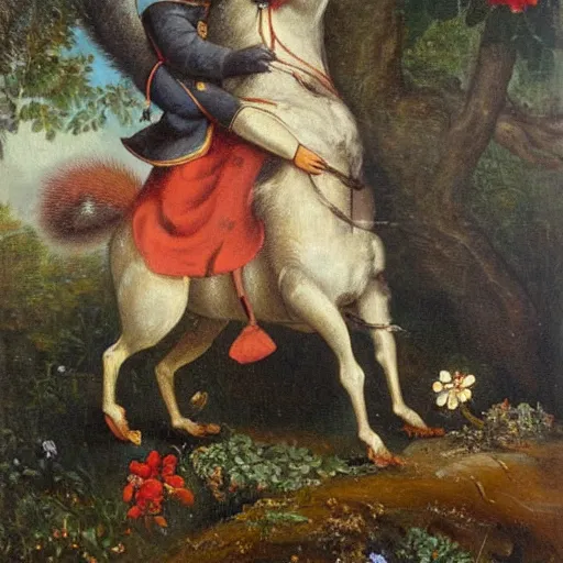 Image similar to a squirrel carrying napoleon bonaparte on its back, beach scene with flowers and foliage, detailed oil painting