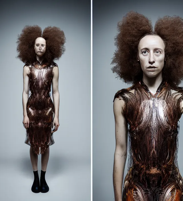 Image similar to realistic photoshooting for a new collection iris _ van _ herpen lookbook color film photography portrait of stunninng woman with half long hair wearing a dress, photo in style of tyler mitchell