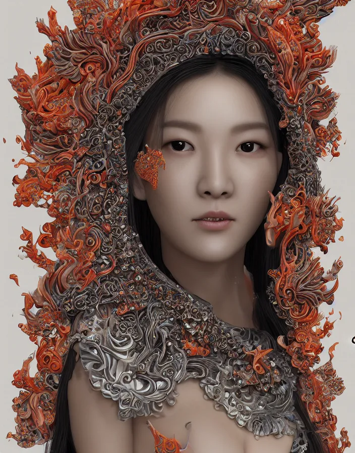 Image similar to 3 d goddess medium shot profile portrait. beautiful intricate highly detailed korean gumiho mask and traditional korean hanbok. stingray, magpie, stingray, magpie, bioluminescent, plasma, lava, ice, water, wind, creature, fog, artwork by tooth wu and wlop and beeple and greg rutkowski, 8 k trending on artstation,