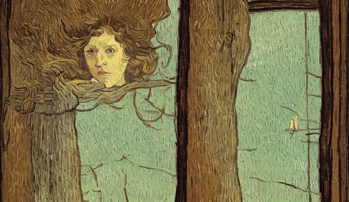 Image similar to lonely young woman with brown hair looking outside of window thinking, painting by van gogh