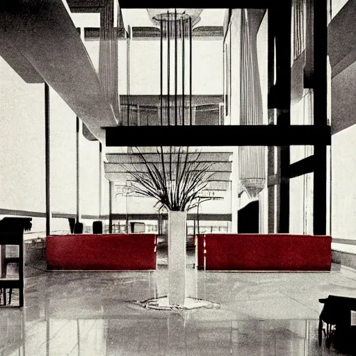 Prompt: Bauhaus hotel lobby interior, digital glitches in the background, 1976 magazine cover