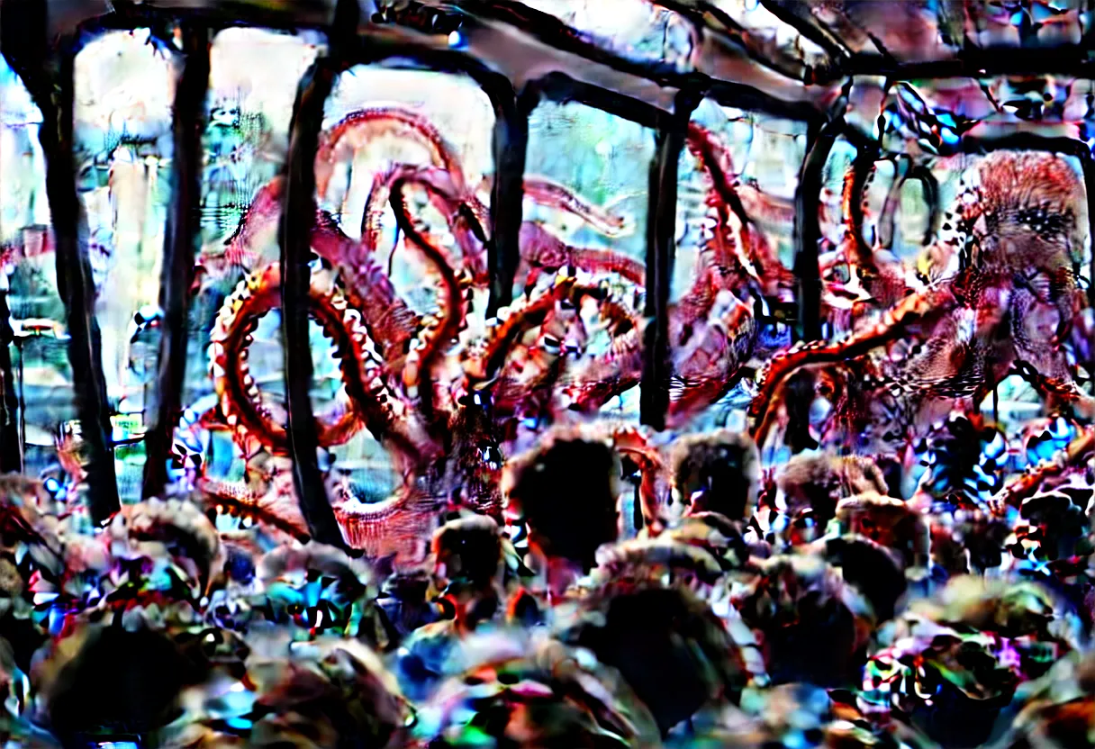 Image similar to a wide photo of a interior of a crowded bus with a huge octopus trying to get in, octopus beak can be seen, arms creeping in thrugh the windows, people are scared and screaming while trying to free through the windows and doors,