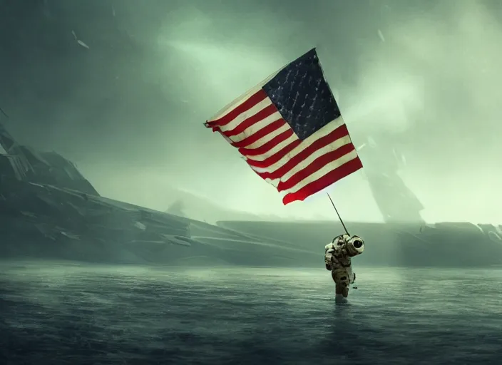 Prompt: astronaut holding a flag in an underwater desert. a submarine is visible in the distance. dark, concept art, cinematic, dramatic, atmospheric, 8 k, trending on artstation, blue, fish, low visibility, light rays, extremely coherent, fog, ocean floor, christopher nolan, interstellar