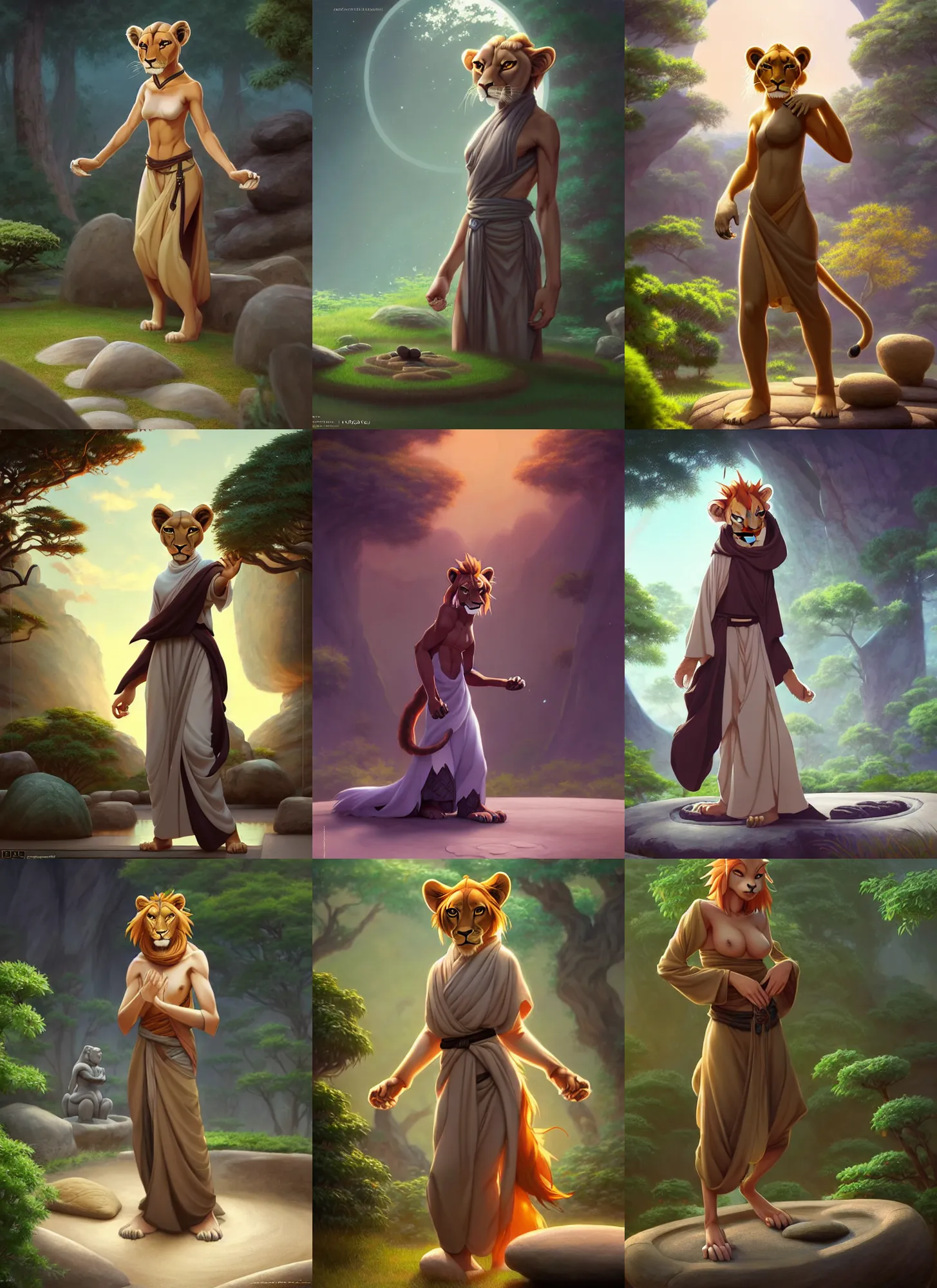 Prompt: wide angle beautiful full body portrait of a female anthropomorphic anthro lioness fursona jedi monk in a zen garden. character design by disney, anime, manga, charlie bowater, ross tran, artgerm, and makoto shinkai, detailed, soft lighting, rendered in octane