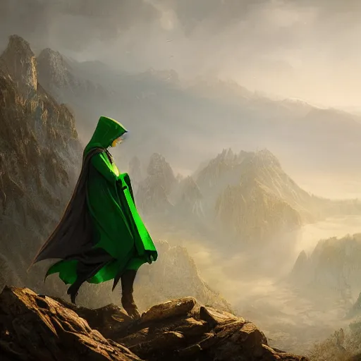 Image similar to an portrait of an hunter woman with a green cape and hoodie on, Matte painting , detailed painting, greg rutkowski