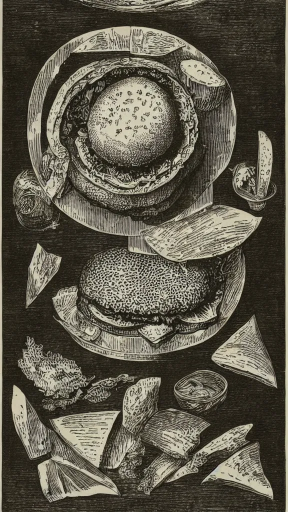 Image similar to esoteric etching print of a mcdonald's burger and fries, amphitheatrum sapientiae aeternae, 1 5 9 5