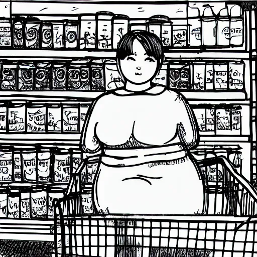 Image similar to cute penial drawing of a slightly chubby 28 year old Korean woman standing in a grocery store next to the bananas