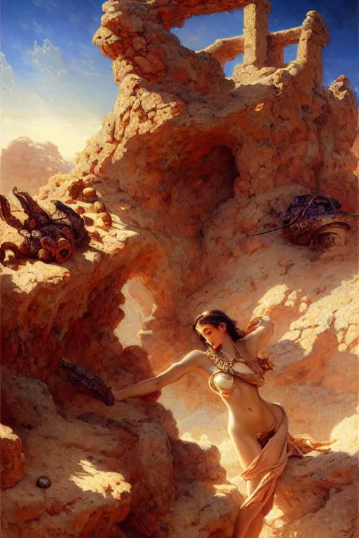 Image similar to a fantasy desert landscape, ruins, bones, rocks, arid ecosystem, digital illustration by gaston bussiere and leyendecker and artgerm, intricate details, surreal, photorealistic, award winning