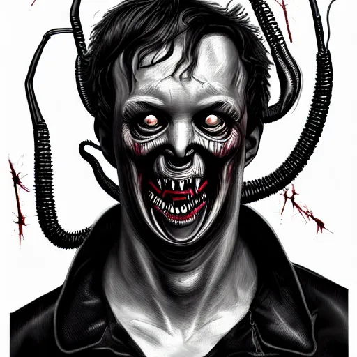 Prompt: Chestburster from Alien with Elon Musk's face, horror, dark, monochrome, style of HR Geiger, highly detailed, digital painting, artstation, concept art, matte, sharp focus, illustration