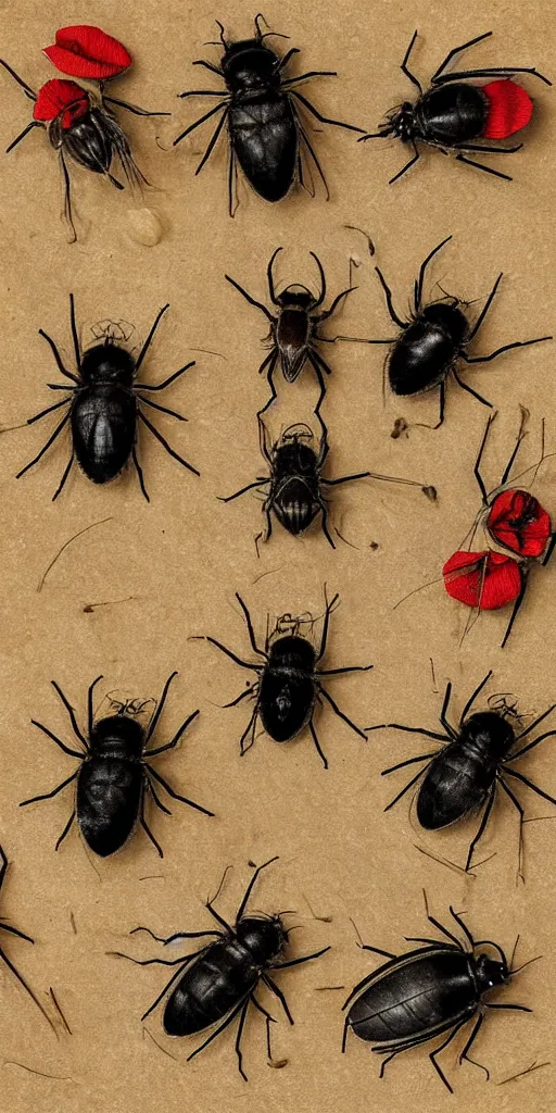 Prompt: flies sleeping in dried poppies catalogue diagram scientific photography