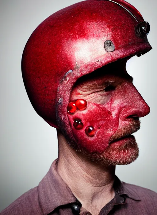 Image similar to cranberries fused with bryan cranston's face, red berry skin, cranberry helmet, studio light, bloom, detailed face, magazine, press, photo, steve mccurry, david lazar, canon, nikon, focus