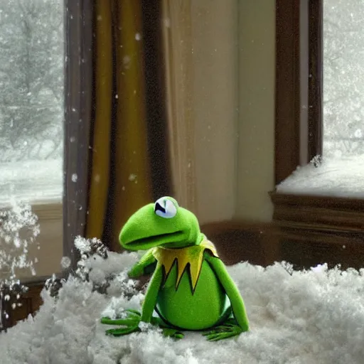 Image similar to Kermit the frog sits as it snows in the interior of a bourgeoise room, Still life with snow.