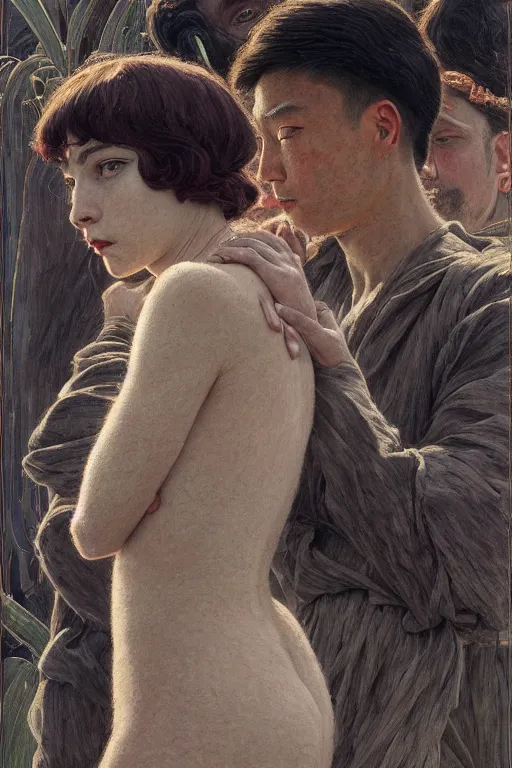 Image similar to detailed people in movie theatre, exterior greenhouse, portrait face, in the style of frantisek kupka, intricate, miles johnston, keita morimoto, kuroda seiki, cynical realism, ozabu, john william godward, painterly, yoshitaka amano, moebius, beautiful lighting