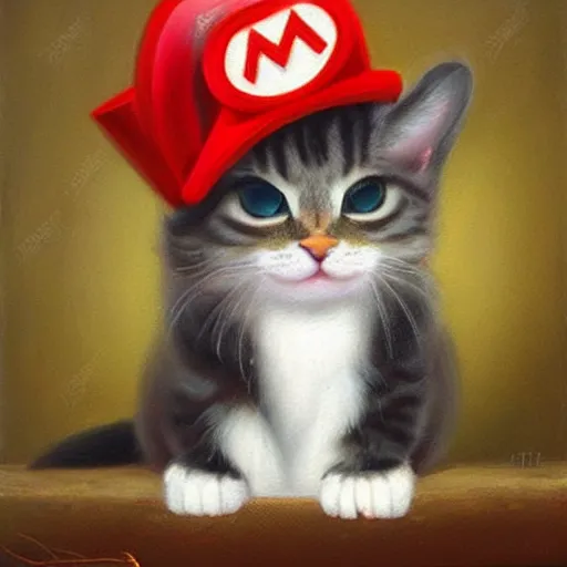 Image similar to A beautiful oil painting of a Kawaii Cat wearing a Super Mario Hat, art by old masters, volumetric lighting, photorealistic, highly detailed.