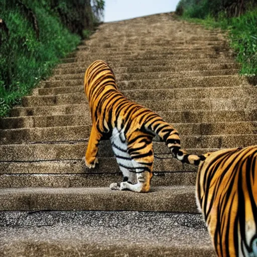 Image similar to a figure ties their shoelaces in a vast empty landscape on stairs next to a tiger catching a deer