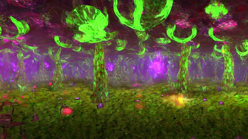 Image similar to 8k, acid trip, hall of mirrors, ultra detailed, a hyperrealistic image of a mycelium forest with neon glowing mushrooms, with magical creatures, trending on patreon, artstation, deviantart. Unreal engine