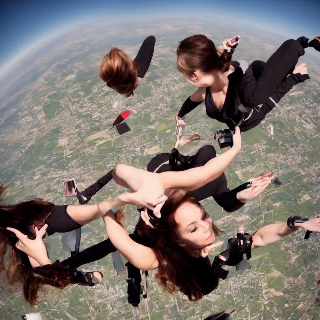 Prompt: still photo, young woman, falling from plane, camera view from beneath the person, putting makeup on