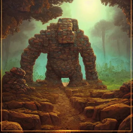 Prompt: a stone golem constructed out of rocks, minerals and wood, guarding the magnificent gate to a protected forest, 8 k resolution detailed fantasy art, asymmetrical composition, anato finnstark marc simonetti lisa frank zbrush central gloomy midnight.