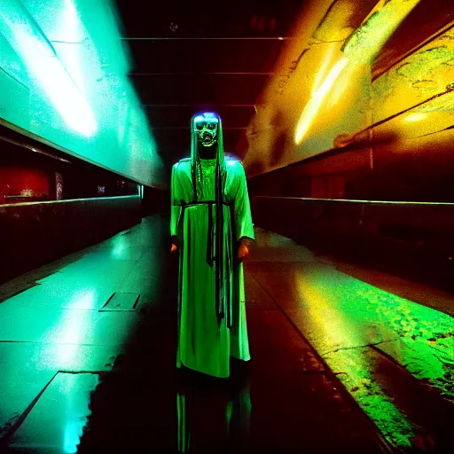 Image similar to electric warrior monks, robed, cyberpunk cathedral, special effects, neon, cyberpunk, realistic, cinematic style, visually stunning, 35mm, film post process