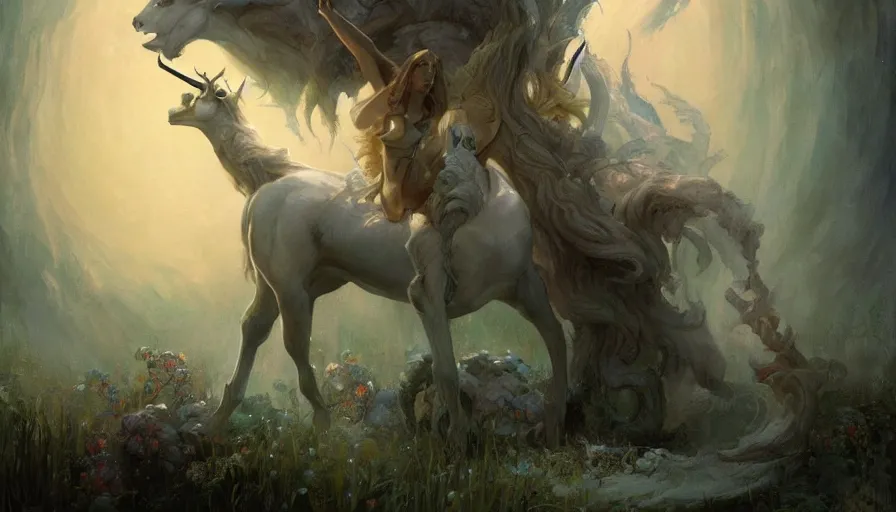 Image similar to a beautiful painting of the last unicorn, ray traced lighting by gerald brom and greg rutkowski