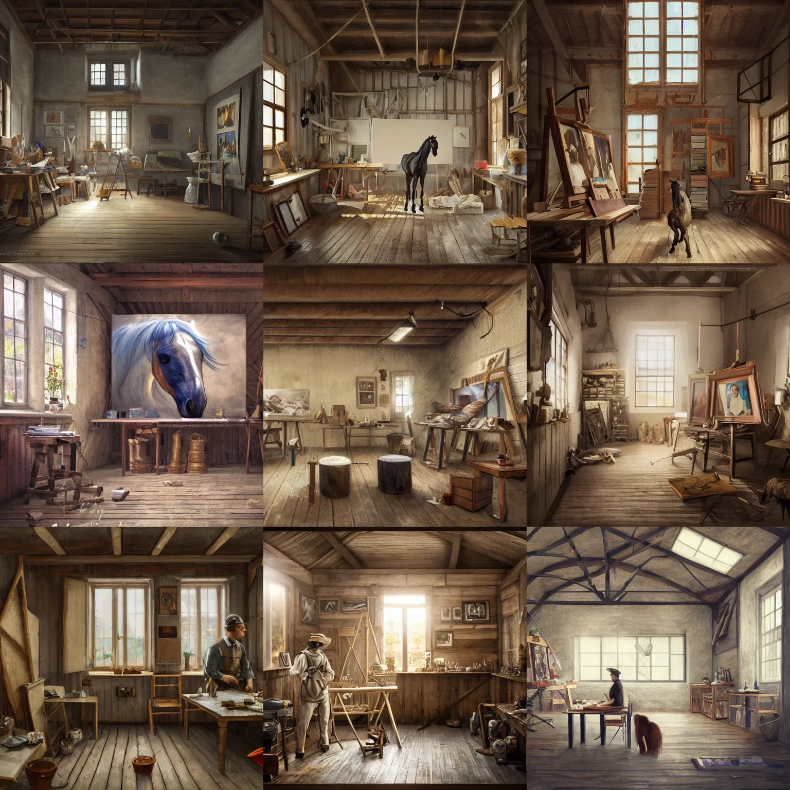 Prompt: interior view of an artist atelier inside a horse stable with horse painting a portrait, detailed digital art, award winning cgsociety, hd, render, maia, trending on artstation