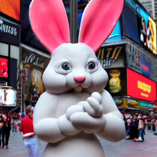 Image similar to an award winning clay sculpture of a funny bunny made by michelangelo, standing in times square, 3 d render, hyper detailed, sharp focus, 8 k resolution