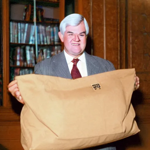 Prompt: Former House Speaker Newt Gingrich holding a big bag of money. CineStill